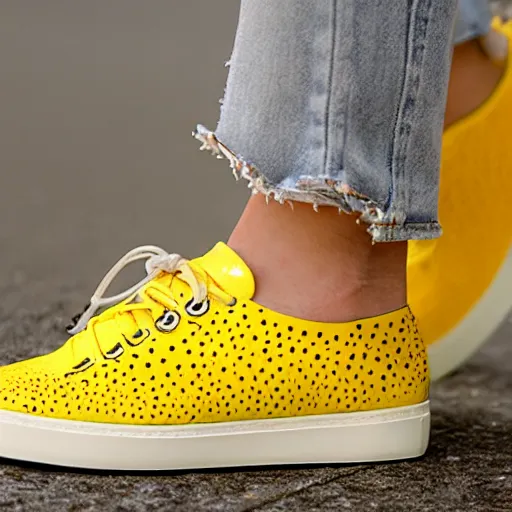 Image similar to yellow sneaker shoe full of holes that is made from Swiss cheese