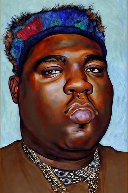 Prompt: a portrait of biggie smalls wearing boho - chic style clothes, with a fur muffler, full body!!, realistic painting in egon schiele style, masterpiece, hyperdetailed, complex, intricate, 4 k, hyperrealistic, trending on artstation