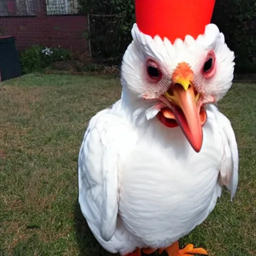 Prompt: chicken dressed as an inmate, real photo