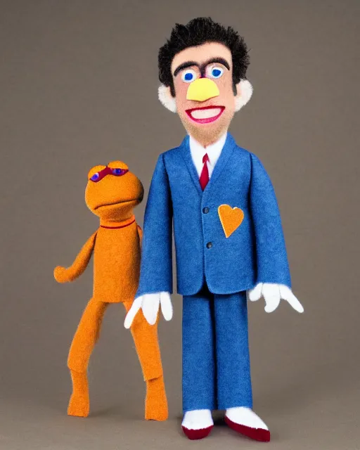 Prompt: bj novak with a suit as a muppet. highly detailed felt. hyper real photo. 4 k.