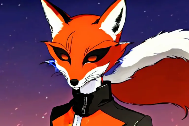 Image similar to a furry tan male fox on a persona 5 : royal ( by atlus ) video game splash screen, a furry male sandcolored tan fox fursona ( has hair ), persona 5 phantom thief style