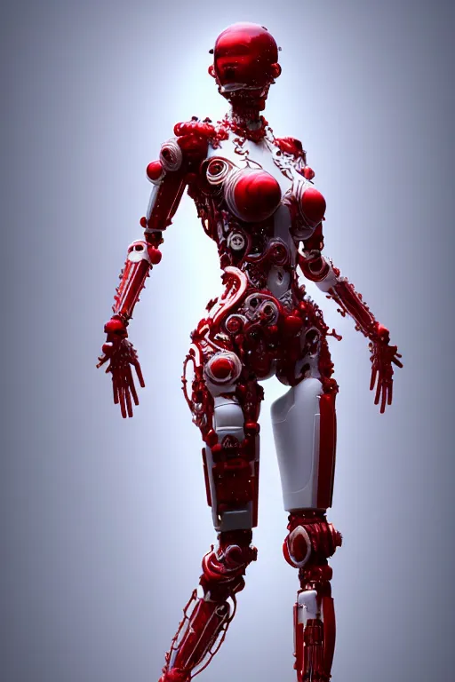 Image similar to a statue made of red marble, of an beautiful chinese girl, full body shot, perfect body, white biomechanical, inflateble shapes, wearing epic bionic cyborg implants, masterpiece, intricate, biopunk futuristic wardrobe, vogue, highly detailed, artstation, concept art, background galaxy, cyberpunk, octane render