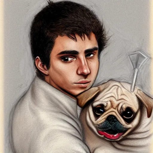 Prompt: self portrait, young white hispanic handsome man with short light brown hair and light skin and a 5 o clock shadow, holding a pug for a picture, fighting against 2 swordsmen pencil art, added detail, high definiton, colored, backfacing, illustrated by raphael