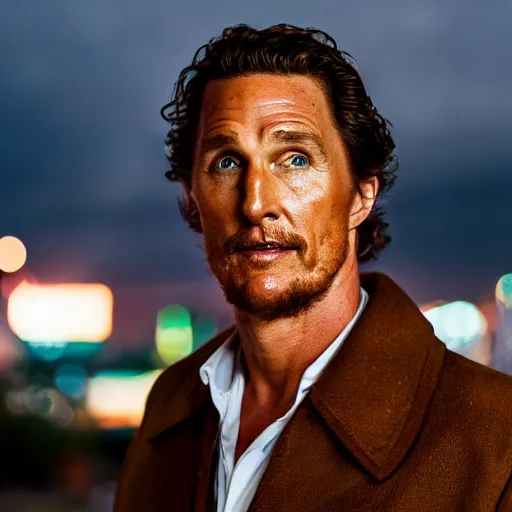 Image similar to a still of Mathew McConaughey. Close up. Shallow depth of field. City at night in background, lights, colors ,studio lighting, mood, 4K. Profession photography