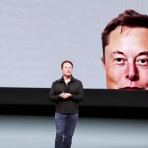 Image similar to Elon musk on a stage at an apple inc conference, highly detailed