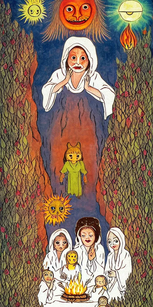 Prompt: small impish joyful creature in white robe with glowing eyes and sun ray flame hair holding lit matches and singing, three sisters visiting, The Queen in the Cave Children's book illustration, traditional folk art style, gouache on paper, outsider art, David Palladini, Mu Pan, Carson Ellis, Julia Sarda, tarot card, Henry Darger, Louis Wain, creepy, 8k, high resolution