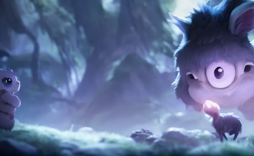 Image similar to ori and the will of the wisps, close up bokeh hiperrealistic, high detailled, darkness dramatic, sharp focus, octane render, imax