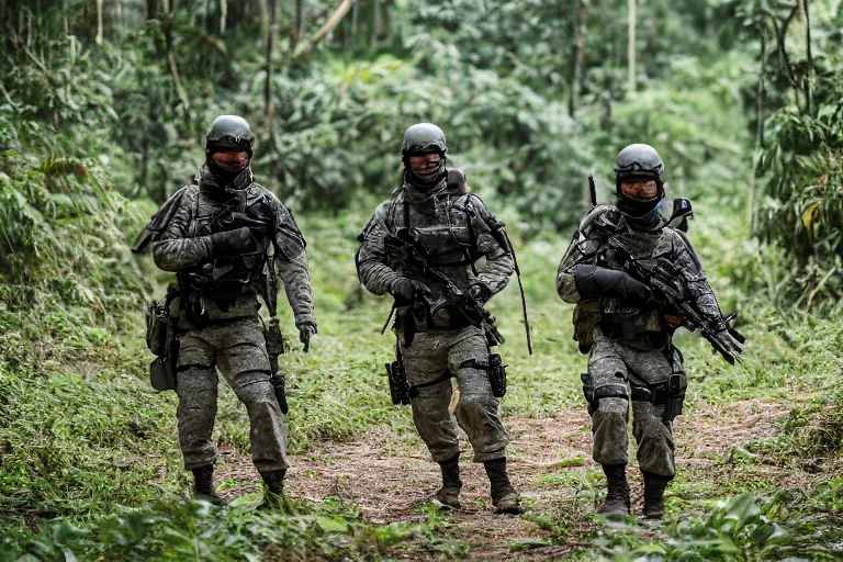 Image similar to Mercenary Special Forces soldiers in grey uniforms with black armored vest in a battlefield in the jungles 2022, Canon EOS R3, f/1.4, ISO 200, 1/160s, 8K, RAW, unedited, symmetrical balance, in-frame, combat photography