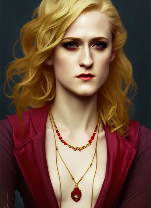 Prompt: portrait of evan rachel wood with blonde hair as a vampire lord, jewelry, greek, ruby, intricate, headshot, highly detailed, digital painting, artstation, concept art, sharp focus, cinematic lighting, illustration, art by artgerm and greg rutkowski, alphonse mucha, cgsociety