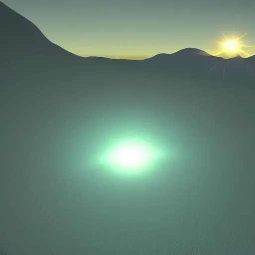 Image similar to 3 d game design of a mountain with a beam of light coming out of the top and a city at the bottom of it, there is lots of random shapes in the night sky, 3 d game design