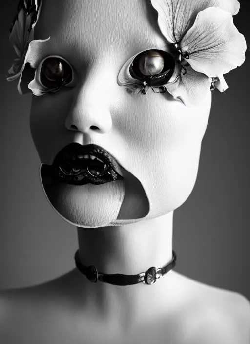 Prompt: black and white dreamy foggy poetic smoky profile face portrait, one silver steampunk realistic eye biomechanical beautiful angelic young female cyborg - robot bust, body ribs meshes,, volumetric light, hibiscus flowers, by cecile beaton, rim light, big gothic fashion pearl embroidered collar, 8 k