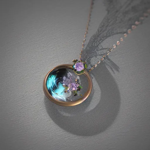 Image similar to intricate! organic, nordic wedding ring, necklace, gemstones, dreamy floral background, refraction, occlusion, lower and upper levels, keyshot render, octane render, vray render