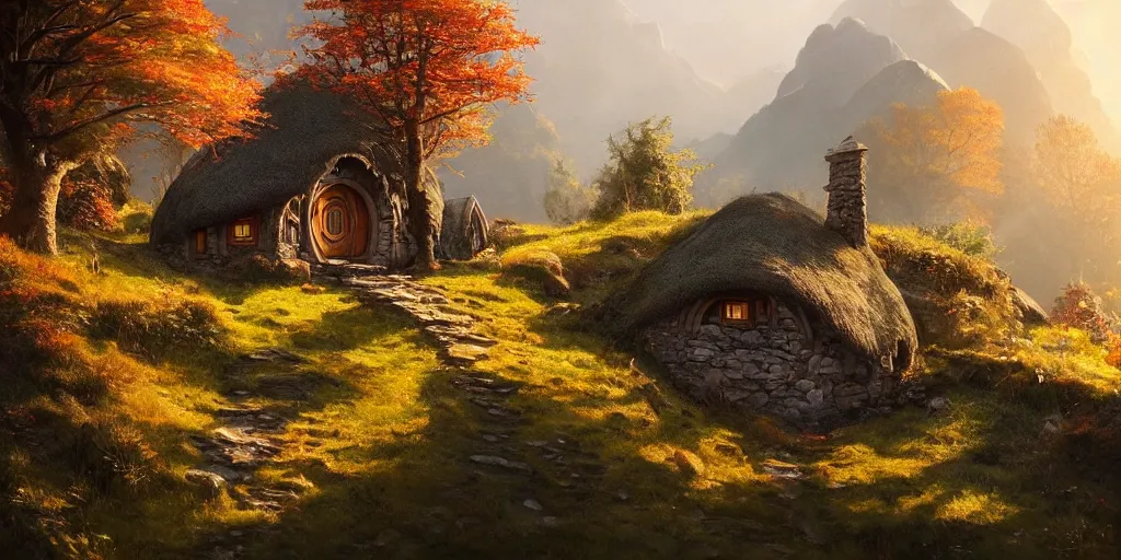 Image similar to a hobbit cottage on top of a steep hill, greg rutkowski, zabrocki, moebius, karlkka, jayison devadas, highly detailed, autumn sunlights, smoky atmosphere, ( ray of sunlight ), trending on artstation, 8 k, ultra wide angle, zenith view, pincushion lens effect