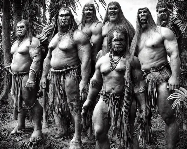 Image similar to hyper realistic group vintage photograph of a live action warcraft orc warrior tribe in the jungle, tall, hulk like physique, detailed faces, tribal paint, tribal armor, grain, old, monochrome, sepia toned, realistic lighting, wide angle