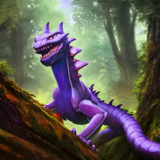 Image similar to concept art painting of an anthropomorphic purple humanoid bipedal dragon, in the deep forest, realistic, detailed, cel shaded, in the style of makoto shinkai and greg rutkowski and james gurney