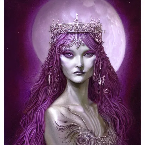 Prompt: painting of prophetess of the moon, silver filigree armor and tiara, moon above head, purple wavy hair, translucent skin, wide striking eyes, beautiful! coherent! by brom, by junji ito, by brian froud, strong line, high contrast, muted color, minimalism