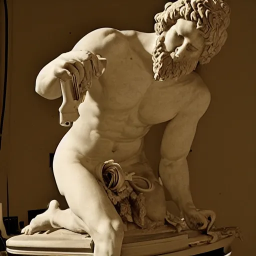 Prompt: man fixing television wiring in the style of Lacoon, roman sculpture