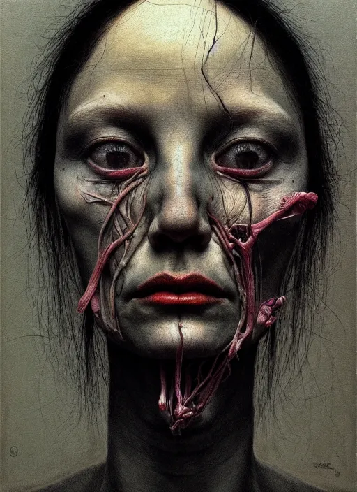 Image similar to there is ugliness in beauty, but there is also beauty in ugliness detailed portrait painting inspired by beksinski and alex gray, accurate anatomy, vintage, by jenny saville, edward hopper trending on artstation. 8 k