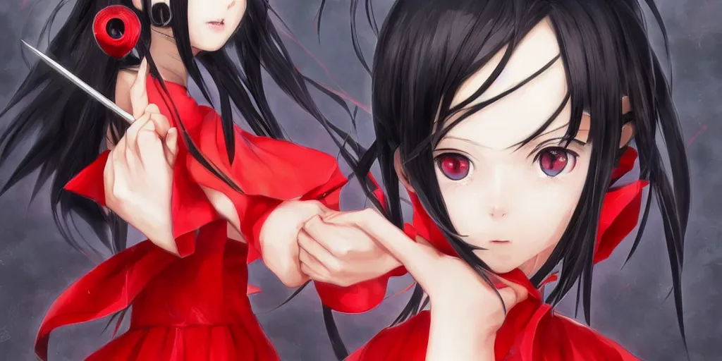 Image similar to award winning digital painting of a black haired hime cut anime girl with red dress and red eyes, holding black blade, portrait made by Stanley Artgerm, WLOP, Rossdraws, James Jean Andrei Riabovitchev, Marc Simonetti, Yoshitaka Amano, Artstation, detailed artwork trending on Pixiv.jp, danbooru, skeb, sakimichan