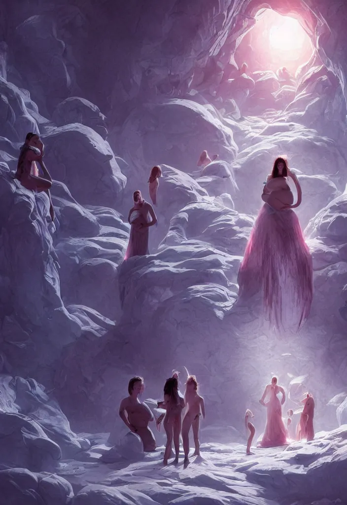 Prompt: epic pregnant woman talking to all her tribe with fluorescence bodies, proud people gather around the pregnant woman, fluorescence bodies, ice cave at night, intricate, elegant, highly detailed, digital painting, artstation, concept art, smooth, sharp focus, illustration, art by artgerm and greg rutkowski