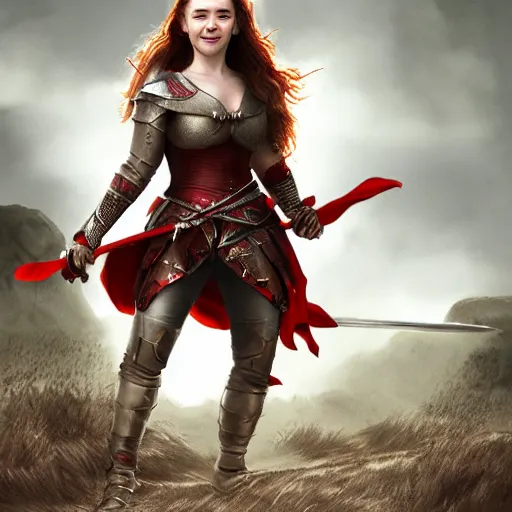 Prompt: emilia clarke, as a medieval fantasy character, with dark reddish hair, wearing light, silver armor and red clothing, tan complexion, holding a longsword, smiling, noble, cinematic, gloomy background, realistic, digital art, character art, 8 k