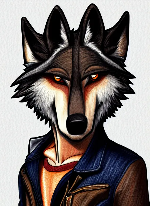 Image similar to expressive stylized master furry artist digital colored pencil painting full body portrait character study of the wolf small head fursona animal person wearing clothes jacket and jeans by master furry artist blotch