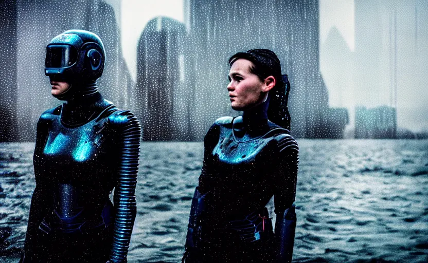 Image similar to cinestill 5 0 d candid photographic portrait by christopher nolan of two loving female androids wearing rugged black mesh techwear in treacherous waters, city, clear sky planets, helicopter, medium closeup, modern cyberpunk moody cinematic, pouring iridescent rain bright spotlight, 8 k, hd, high resolution, 3 5 mm, f / 3 2, ultra realistic faces, ex machina