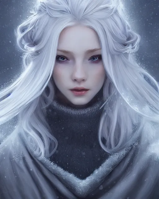 Image similar to a beautiful snow sorceress, flowy white grey hair, grey eyes, winter, frozen, snow, cinematic lighting, highly detailed, digital painting, trending on artstation, pixiv, concept art, sharp focus, illustration, art by ross tran and wlop, dark art