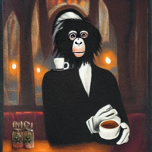 Image similar to Gothic painting of a chimpanzee serving coffee as a barista, in a night-time old-fashioned New York Cafe, candlelight, full shot,