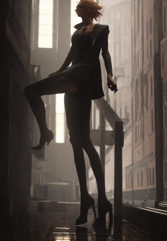 Image similar to cosmopolitan model annie leonhart posing with open toe heels in dunwall city, beautiful face, detailed face, cinematic lighting, rainy weather, melancholy atmosphere, volumetric light, octane render, gothic architecture, realistic reflections, octane render 8 k, model agency, instagram photo, depression and despair