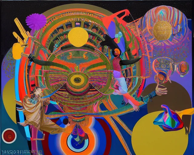 Prompt: a beautiful masterpiece painting of people who dance around ( in a space techno ) and brain and mushroom and pills, oil painting by andrey remnev, frank stella, james jean,, pavel filonov, robert rauschenberg, prismatic, glowing, raven black, trending on artstation