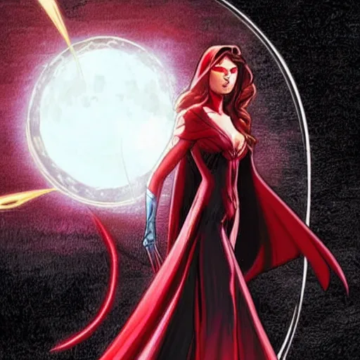 Prompt: The image is a piece of concept art for a comic book depicting the Scarlet Witch in different outfits. The art was created by Oscar Bazaldva in 2016 and was influenced by Marvel's Doctor Strange and Moon Knight,