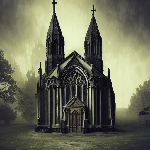 Image similar to victorian church in the middle of the city, dark, misty, at night, 8 k, detailed, concept art, trending on artstation