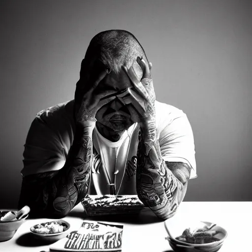 Image similar to black and white press photograph, highly detailed portrait of a depressed tattooed middle age man drug dealer sitting by the table, detailed face looking into camera, eye contact, natural light, mist, fashion photography, film grain, soft vignette, sigma 85mm f/1.4 1/10 sec shutter, Darren Aronofsky film still promotional image, IMAX 70mm footage