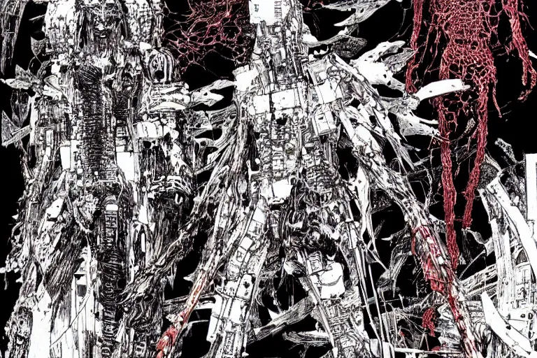 Image similar to remnants of the human civilization, survivors, a color illustration by tsutomu nihei, tetsuo hara and katsuhiro otomo