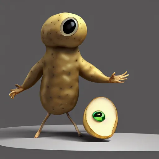 Image similar to the potato king appears before his subjects in all his glory, concept art, blender, googly eyes.
