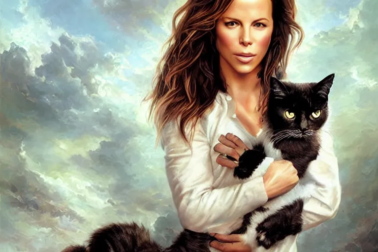 Image similar to portrait of kate beckinsale holding a cat, an oil painting by ross tran and thomas kincade