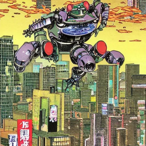 Prompt: huge frog robot devastating the city, by yoichi hatakenaka, masamune shirow