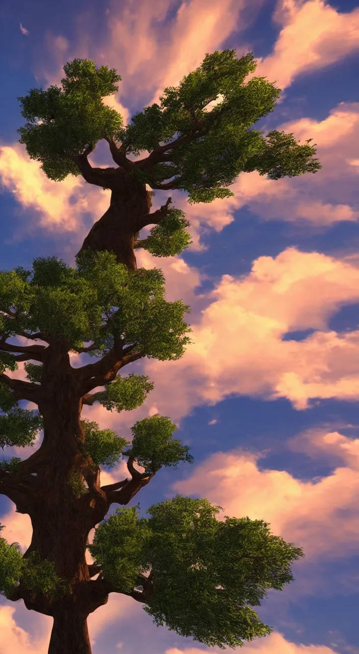 Prompt: a gigantic oak reaching the sky, detailed clouds, sunbeams, heavenly color scheme, unreal engine