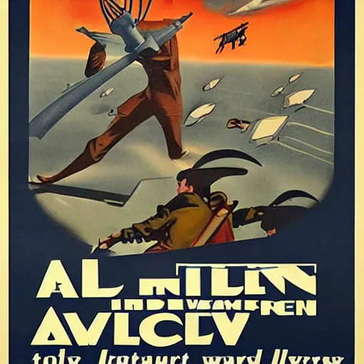 Image similar to a 1930s propaganda poster of an alien war