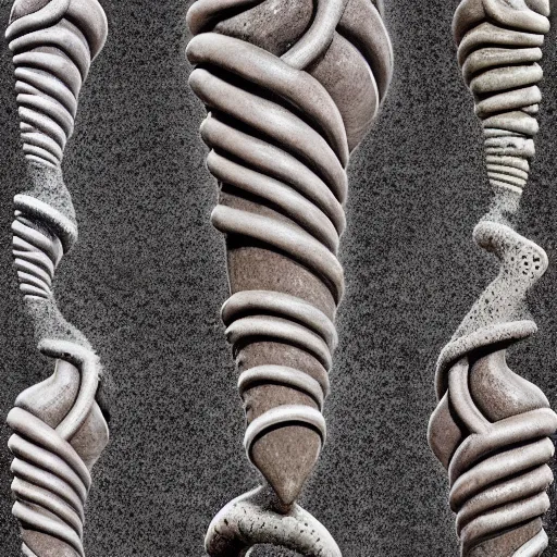 Prompt: an arrangement of biomorphic ceramic pipes in the shape of vocal tracts emerging from soil ejecting a pattern of fractal jet streams of air , highly detailed , 8k , octane ,