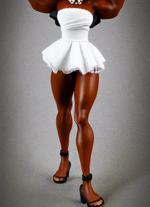 Image similar to Product Introduction Photos, 4K, Full body, 80mm resin detailed miniature of a Muscular Black Woman in white and lacy ruffled mini-skirt