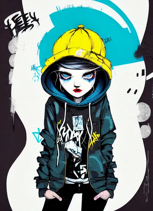 Image similar to highly detailed portrait of a sewer punk lady student, blue eyes, tartan hoody, hat, white hair by atey ghailan, by greg tocchini, by kaethe butcher, by alex horley, gradient yellow, black, brown and cyan color scheme, grunge aesthetic!!! ( ( graffiti tag wall flat colour background ) )