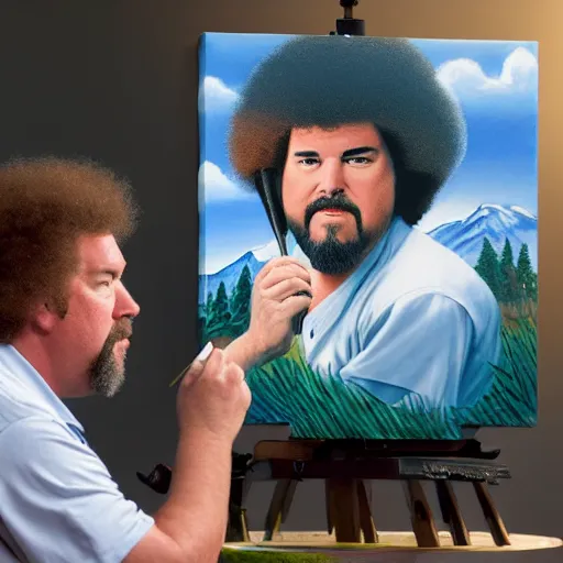 Image similar to a closeup photorealistic photograph of bob ross painting an image of kenny powers pitching a baseball on a canvas. mountains and trees. film still. brightly lit scene. this 4 k hd image is trending on artstation, featured on behance, well - rendered, extra crisp, features intricate detail, epic composition and the style of unreal engine.