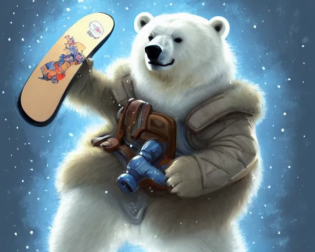Image similar to a super cute anthropomorphic polar bear in snowgear from final fantasy, holding a snowboard, deep focus, d & d, fantasy, intricate, elegant, highly detailed, digital painting, artstation, concept art, matte, sharp focus, illustration, hearthstone, art by artgerm and greg rutkowski and alphonse mucha