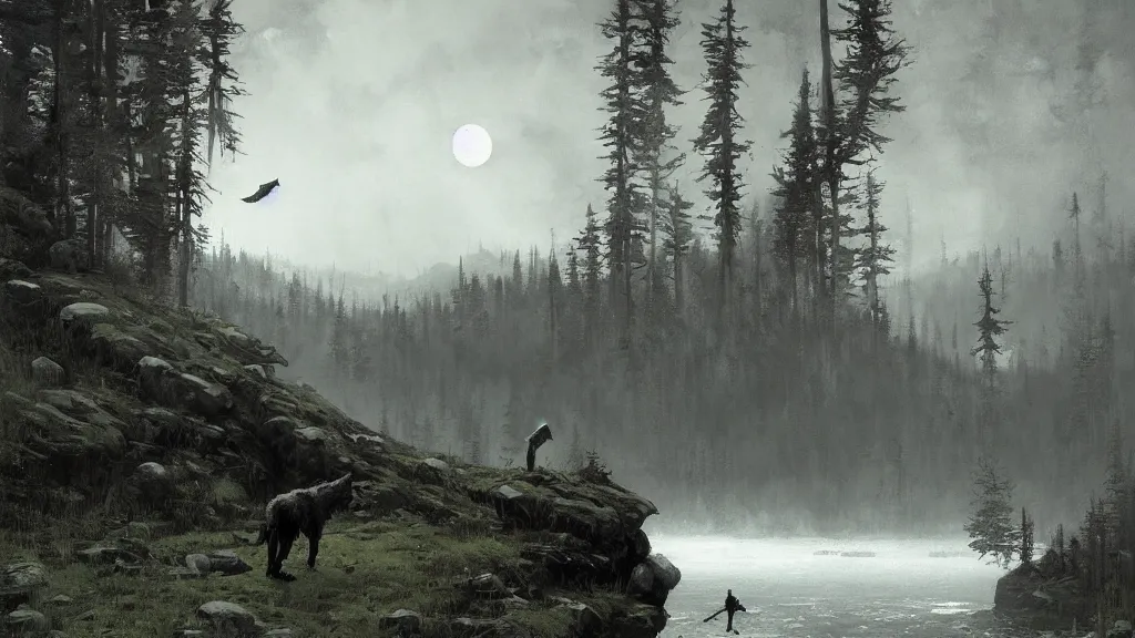 Image similar to a lone werewolf in a stunning landscape by jakub rozalski