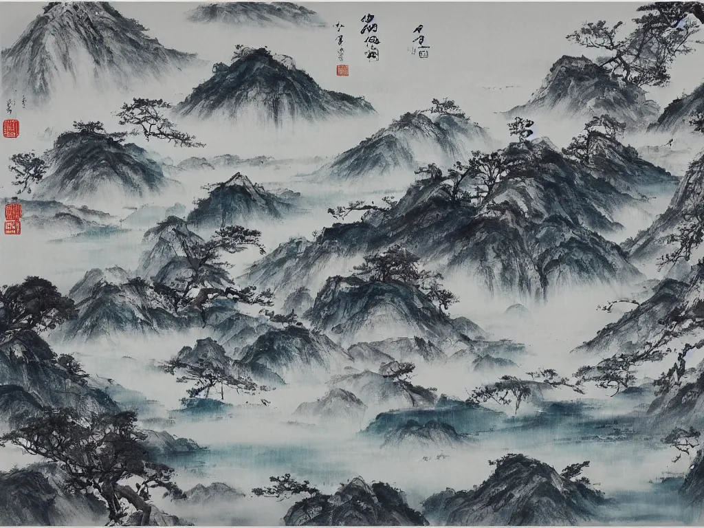 Prompt: its torrent dashes down three thousand feet from high ; as if the silver river fell from azure sky, cinematic landscape ， on a snowy day, natural light, ink painting, traditional chinese painting, by xu beihong