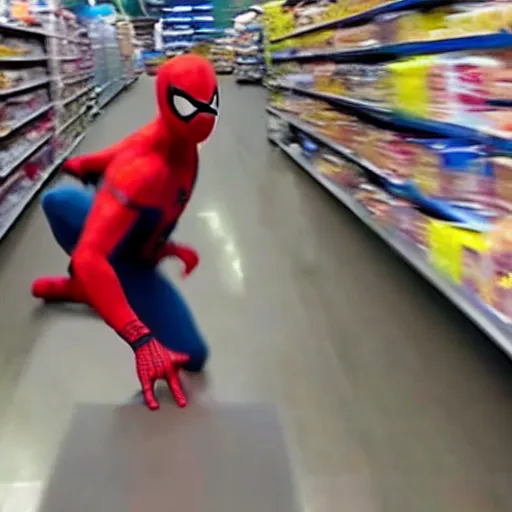 Prompt: spider-man caught on walmart security camera