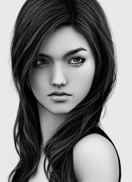 Image similar to full body portrait of a beautiful young woman in black and white, photorealistic, hair down to waist, sharp focus, in the style of Kevin Kostic, Stephen Lau and artgerm, hyper sharp focus, 8k highly detailed