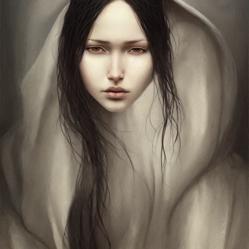 Image similar to Portrait of a young woman with dark hair wearing a hooded robe, non-centered shot, unique, intricate, elegant, highly detailed, digital painting, artstation, concept art, smooth, sharp focus, illustration and art by beksinski